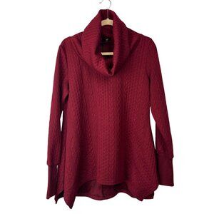Suzan Betro L Red Burgundy Cable Knit Cowl Neck Tunic Sweater Top